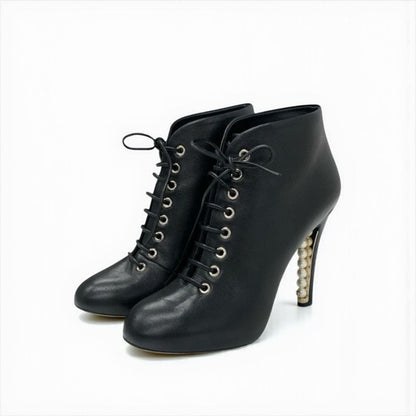 Chanel Boots Short Boots Shoes Leather Black Booties Lace Up Coco Mark Pearl