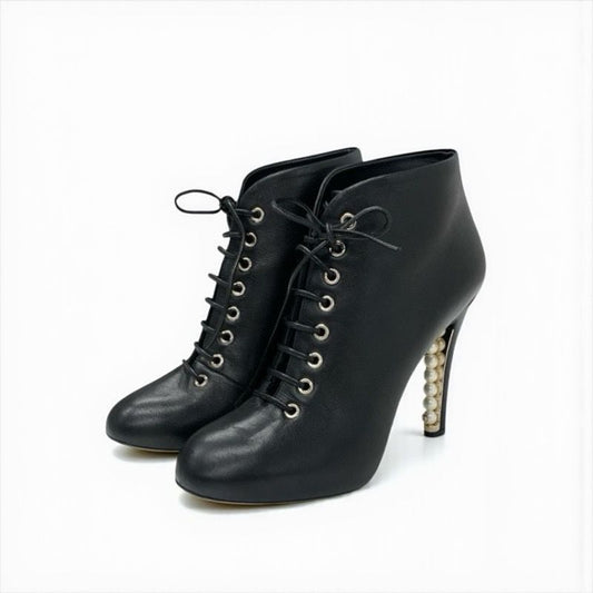 Chanel Boots Short Boots Shoes Leather Black Booties Lace Up Coco Mark Pearl