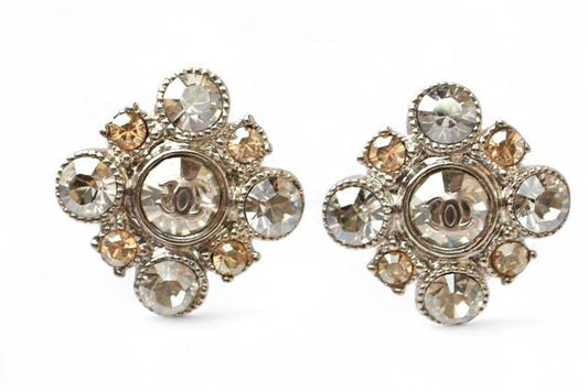 Chanel Earrings Chanel Accessories CC Logo Motif Rhinestone Orange Silver A12