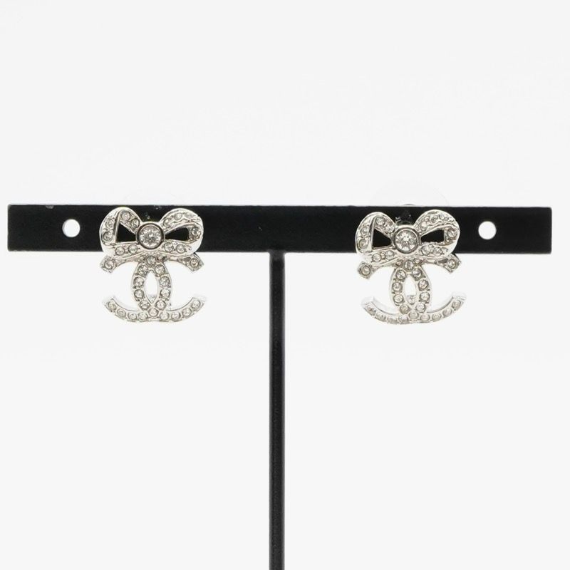 Chanel Earrings Earring Silver Coco Mark Ribbon Rhinestone