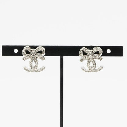 Chanel Earrings Earring Silver Coco Mark Ribbon Rhinestone