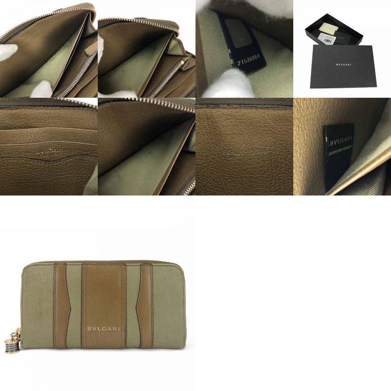 Bulgari Long Wallet B-zero1 Canvas Leather Brown Khaki B-zero1 Round Zipper