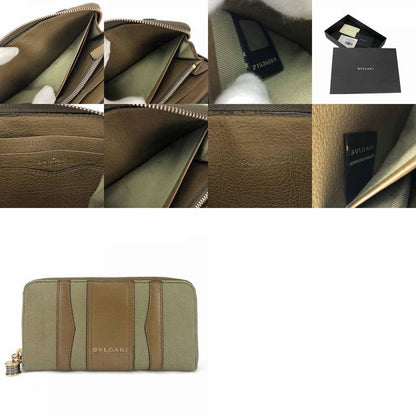 Bulgari Long Wallet B-zero1 Canvas Leather Brown Khaki B-zero1 Round Zipper
