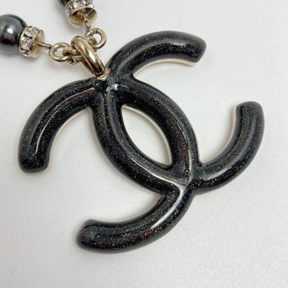 Chanel Coco Mark Rhinestone X Fake Pearl Necklace C23p Champagne Gold/black