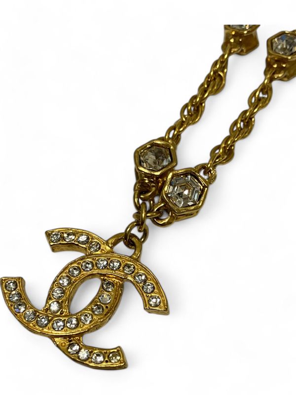 Chanel 1970's Rhinestone Coco Mark Necklace Women's Gold