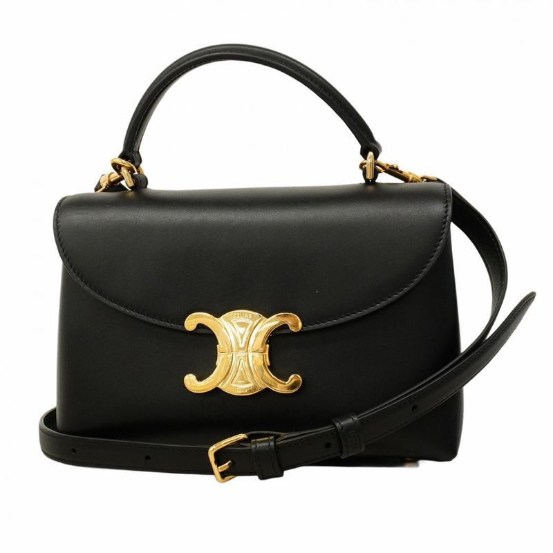 Celine Handbag Triomphe Teenino Leather Black Gold Hardware 2way Bag Ladies