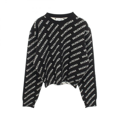 Balenciaga Knit Logo All Over Pattern Crew Neck Cotton Sweater