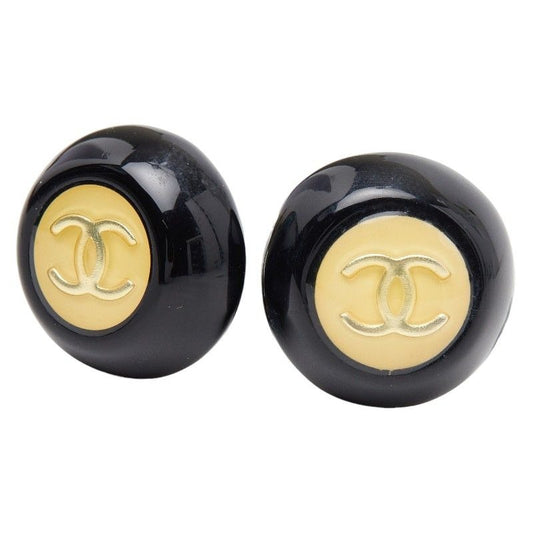 Chanel CC Logo Vintage Black Gold Enamel Plated Earrings