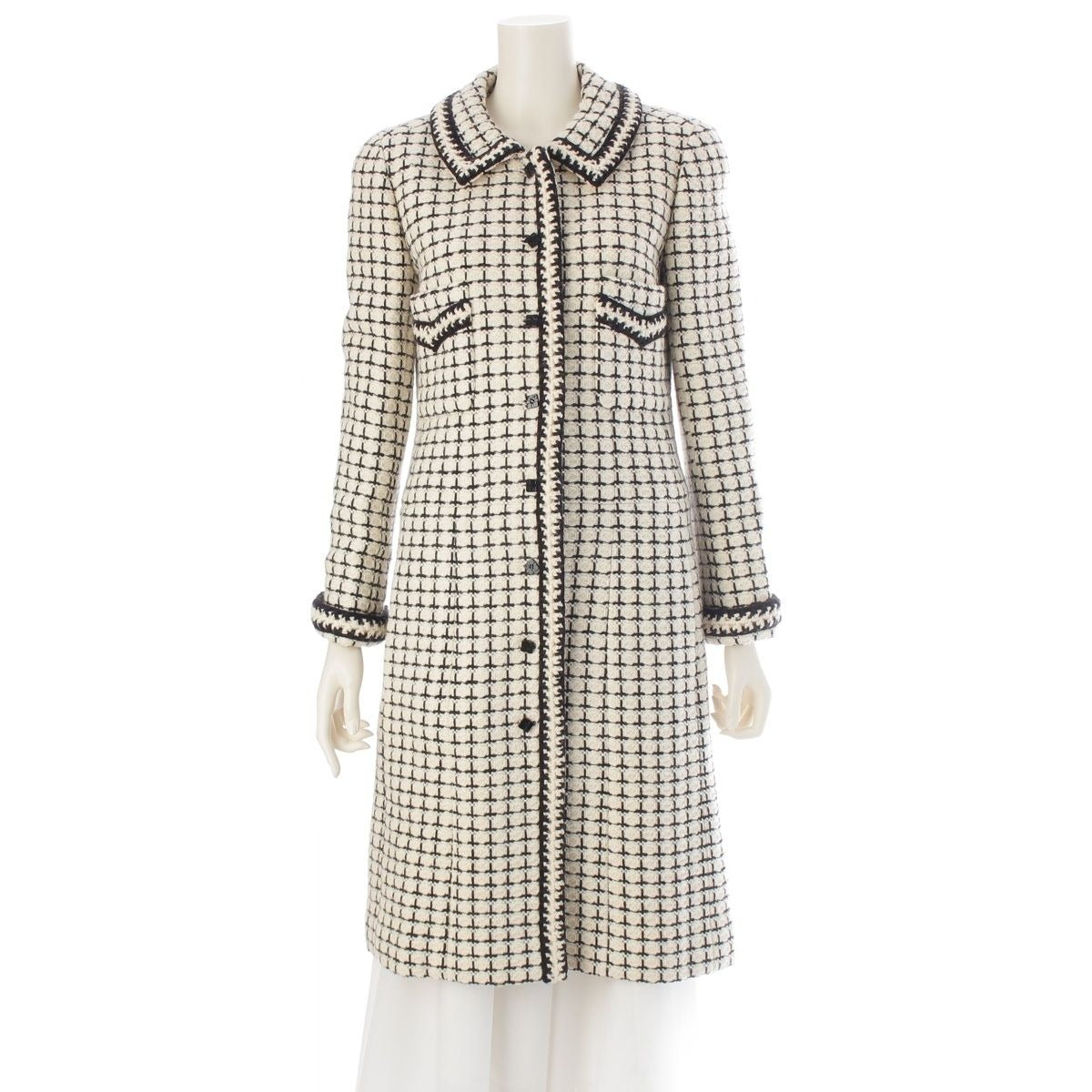 Chanel Tweed Wool Mohair Alpaca Long Coat Black White 38