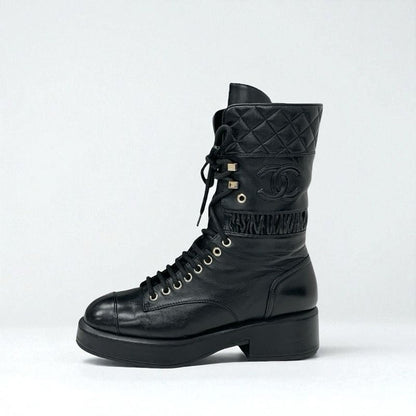 Chanel Boots Short Boots Shoes Leather Black Here Mark Matelasse Lace Up Middle