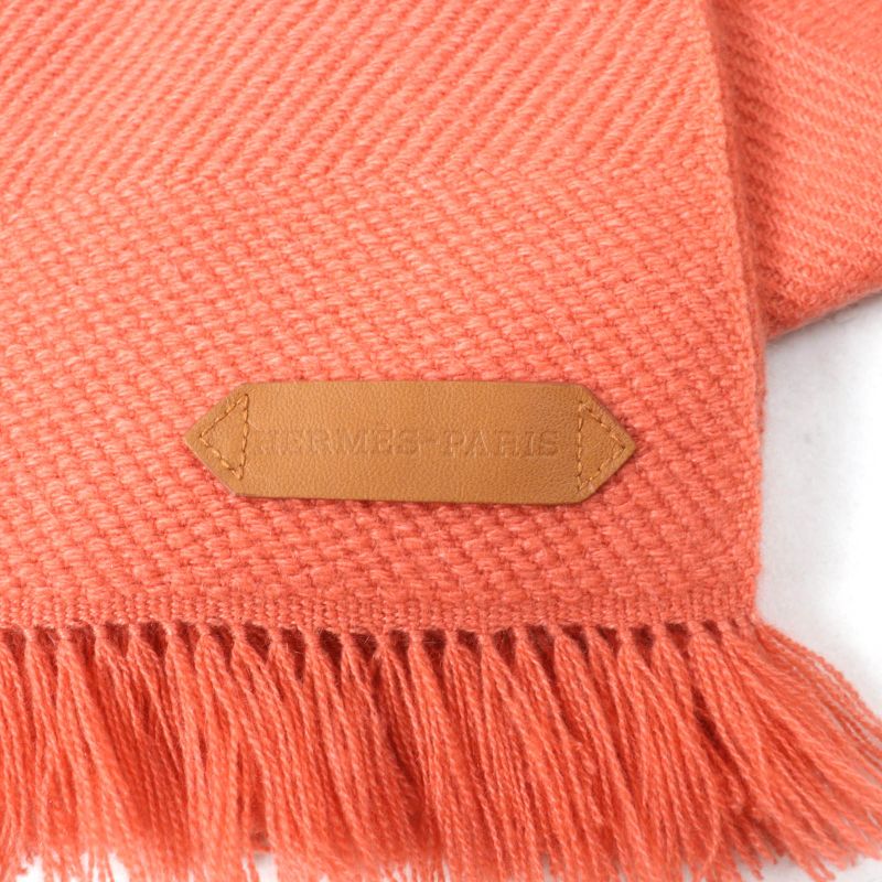Hermes Grand Chevron 100% Cashmere Rose Blush Leather Scarf With Logo Patch And