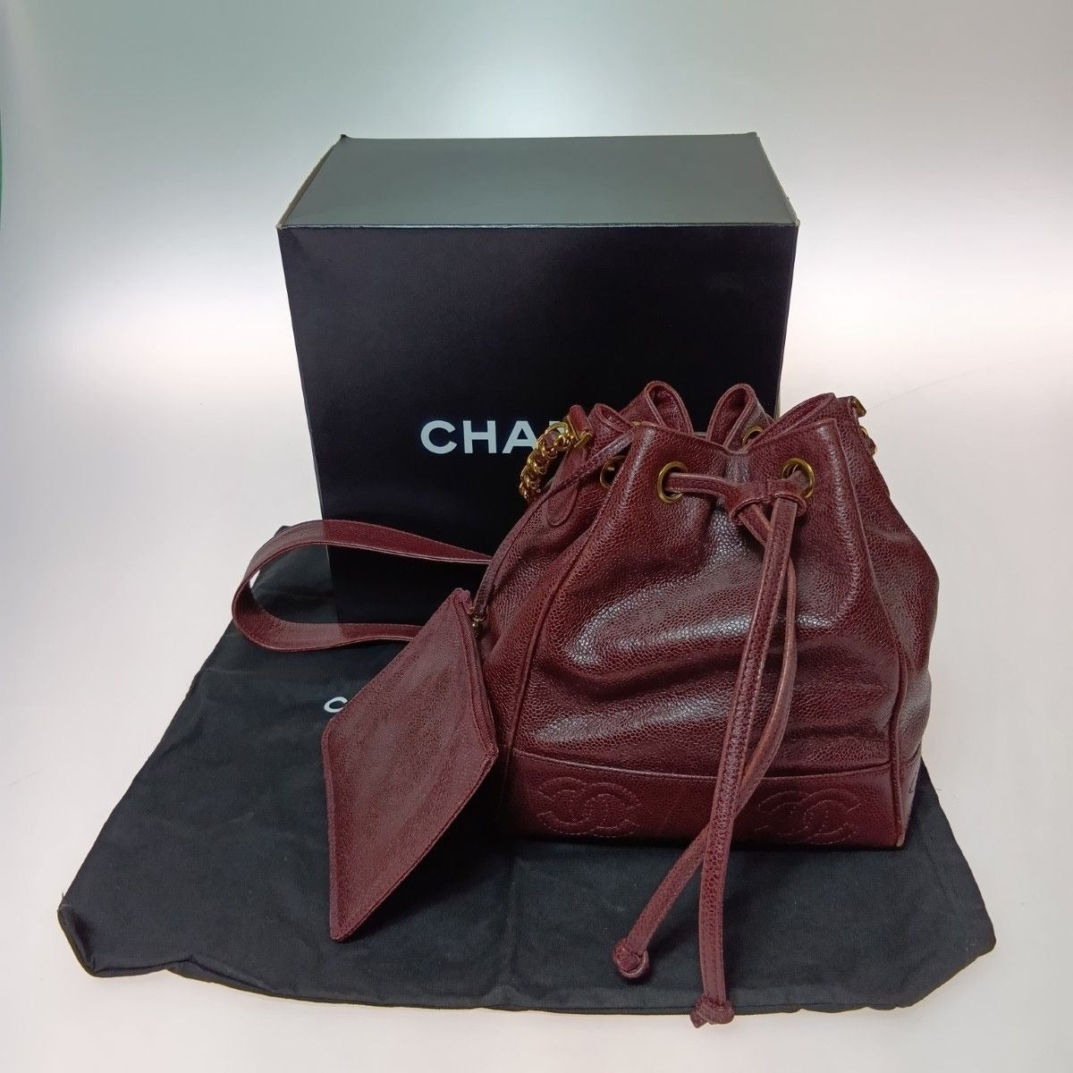 Chanel Shoulder Bag Drawstring Chain Caviar Leather CC Logo Gold Bold