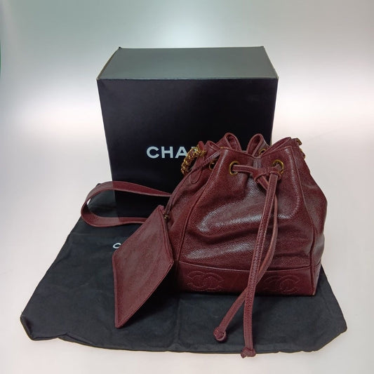 Chanel Shoulder Bag Drawstring Chain Caviar Leather CC Logo Gold Bold