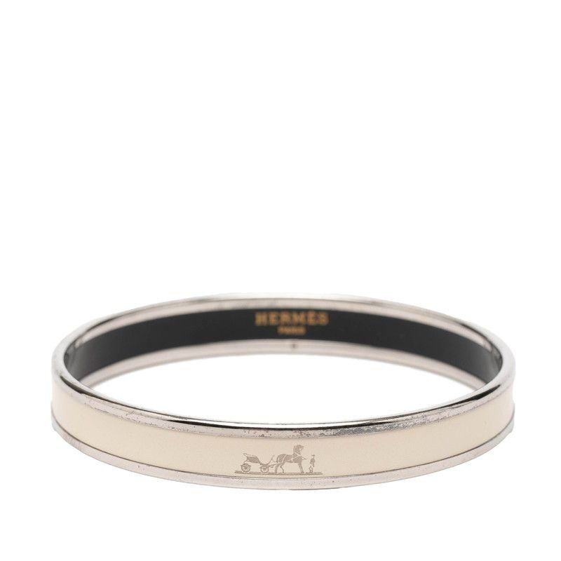 Hermes Enamel PM Carre School Carriage Logo Bangle Silver Ivory Metal Bracelet