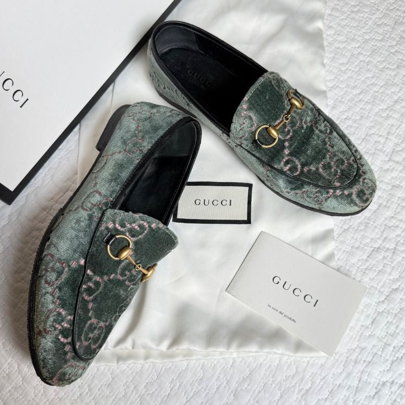 Gucci Jordane GG Pattern Horsebit Loafers Velvet Velour 35 1 2
