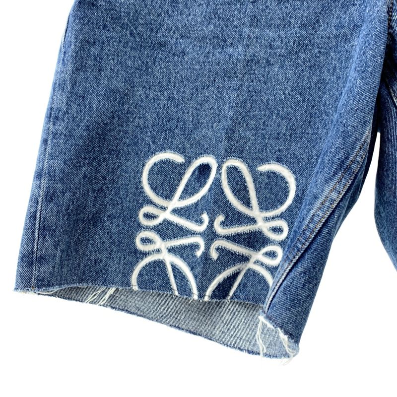 Loewe - Anagram Logo Leather Patch Cut Off Denim Wide Shorts - 38 - Indigo -
