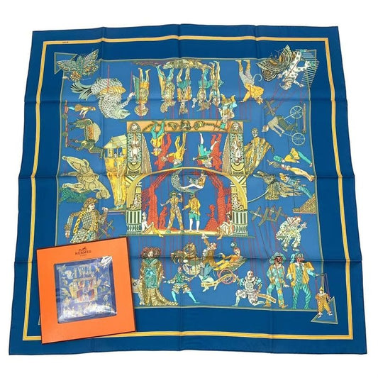 Hermes Carre 90 LE Temps Des Marionnettes Marionette Time Silk Scarf Blue