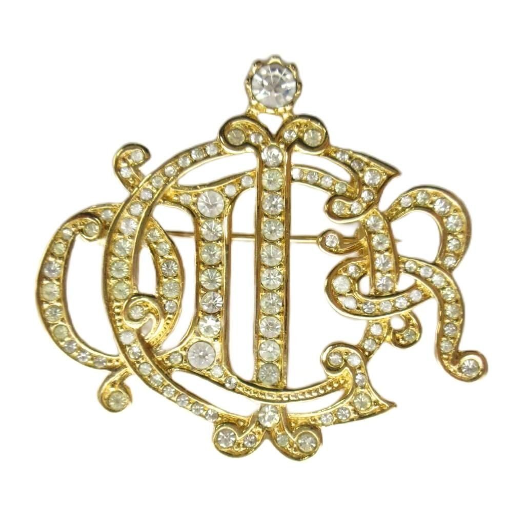 Dior Pin Brooch Emblem Line Stone Logo Gold