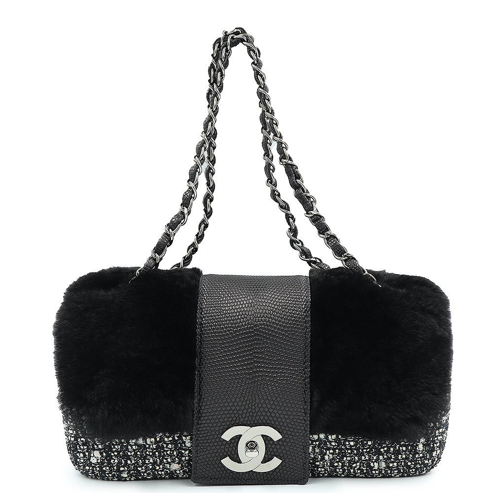 CHANEL Coco Chain Shoulder Handbag Tweed Fur Lizard Leather Black