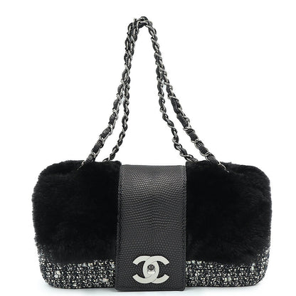 CHANEL Coco Chain Shoulder Handbag Tweed Fur Lizard Leather Black