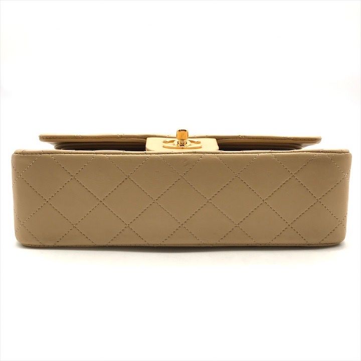 Chanel CC Logo Quilted Double Flap Chain Lambskin Shoulder Bag Beige