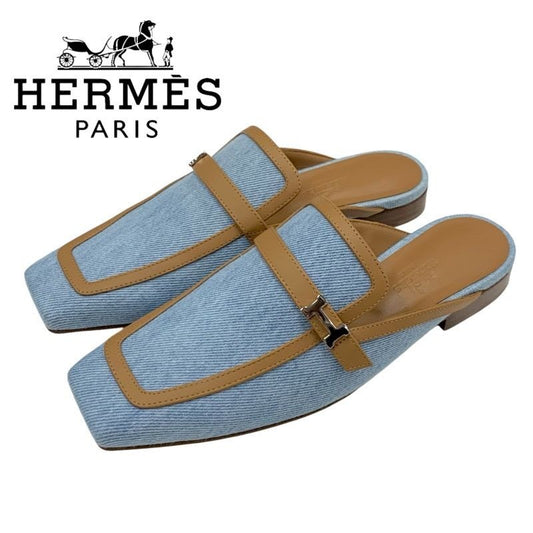 Hermes Groupie Flat Shoes Denim Leather Light Blue Brown Mule Slipper