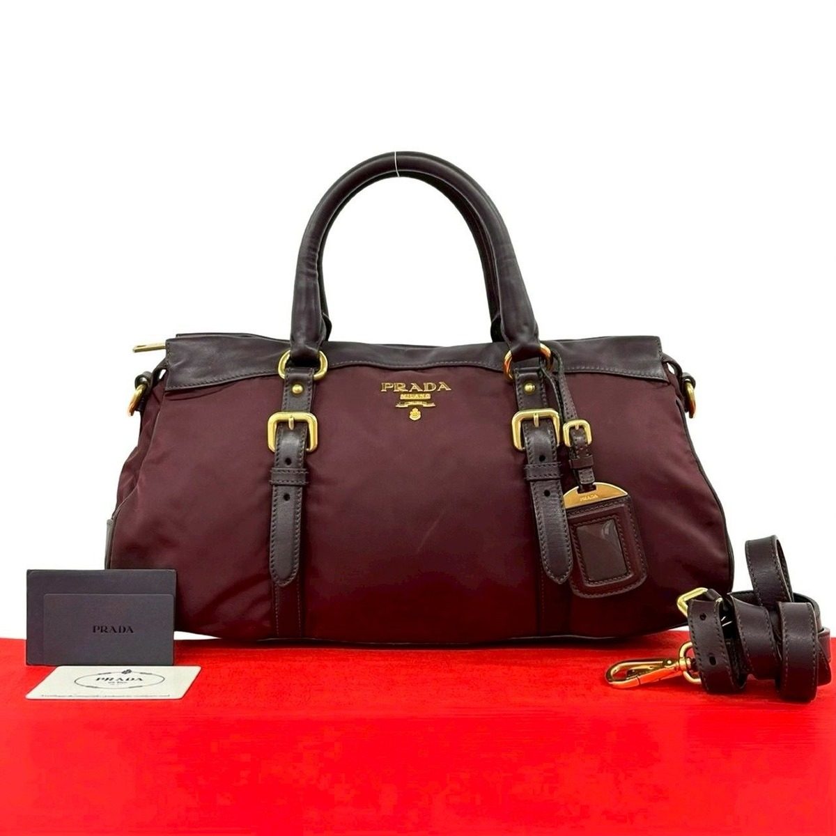 Prada Logo Leather Tessuto 2-Way Shoulder Bag Wine Red