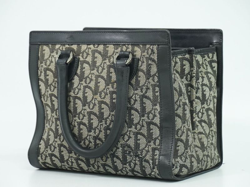 Authentic Christian DIOR Trotter Handbag Canvas Leather Gray Black Trotter Bag