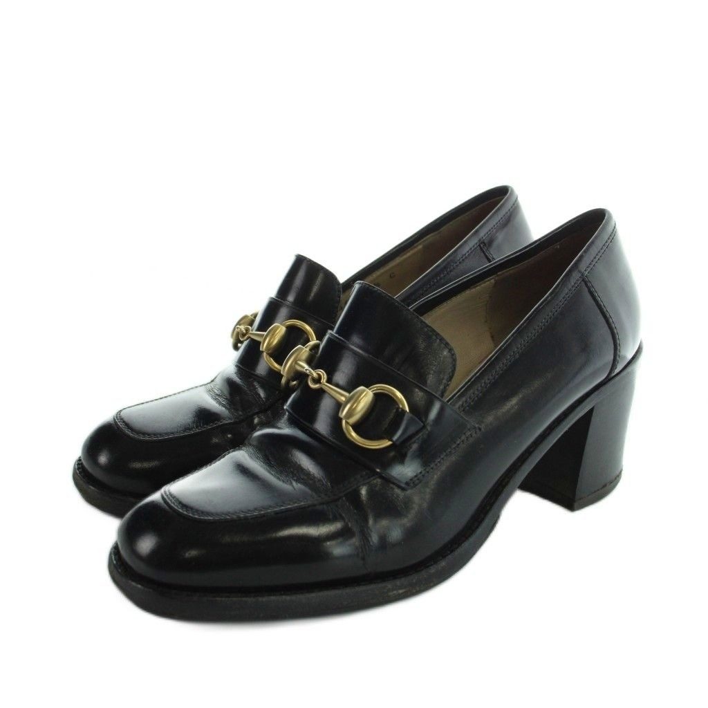 Gucci Loafer Round Toe Chunky Heel Leather Horsebit 100 35.5 Black