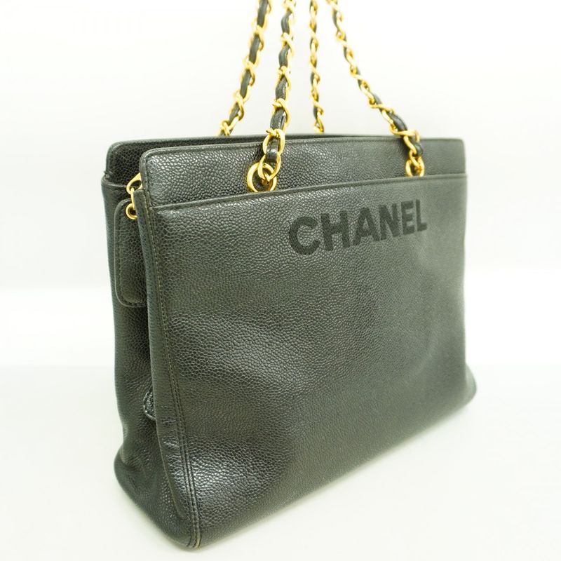 Chanel Handbag Caviar Skin Black Gold Hardware Chain Ladies