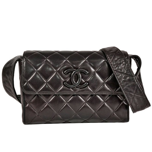 Chanel Matelasse Leather Shoulder Bag Lambskin Black 2nd Unit Coco Mark