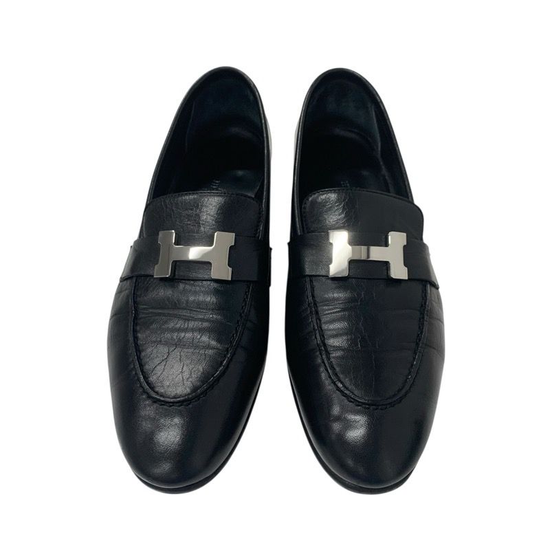 Hermes Paris Loafer Leather Shoes Leather Black Silver Hhardware Moccasin Flat
