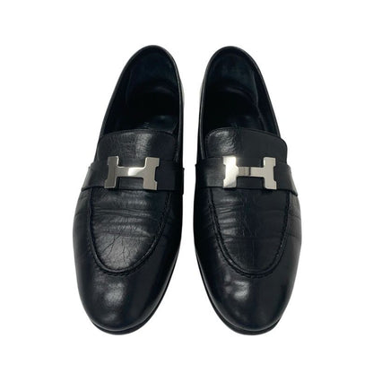 Hermes Paris Loafer Leather Shoes Leather Black Silver Hhardware Moccasin Flat