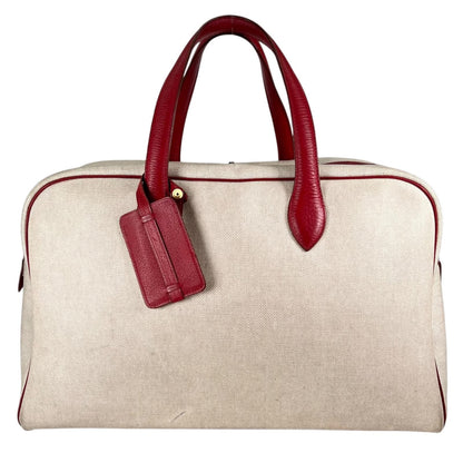 Hermes Victoria 43 Leather Toile Ash Beige Red Boston Bag Gold
