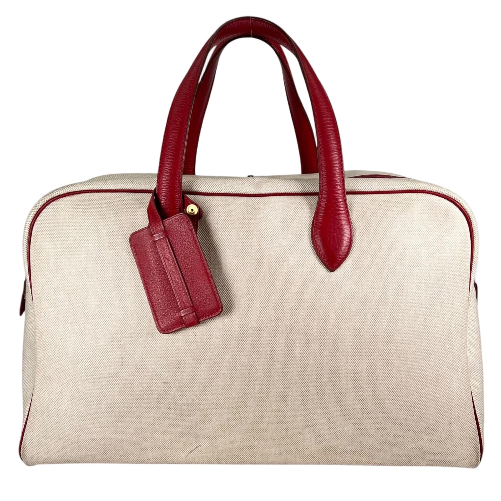 Hermes Victoria 43 Leather Toile Ash Beige Red Boston Bag Gold