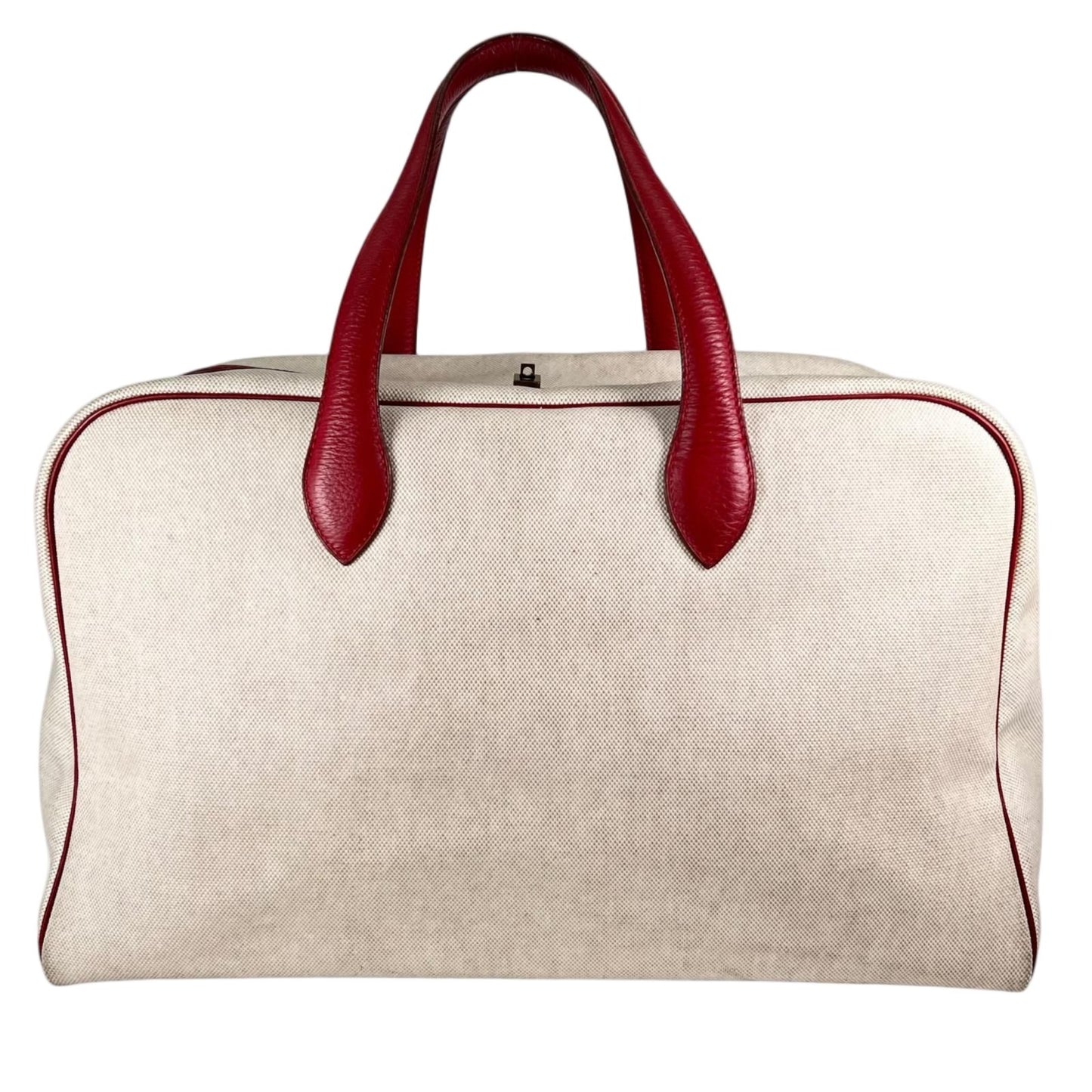 Hermes Victoria 43 Leather Toile Ash Beige Red Boston Bag Gold — view 2