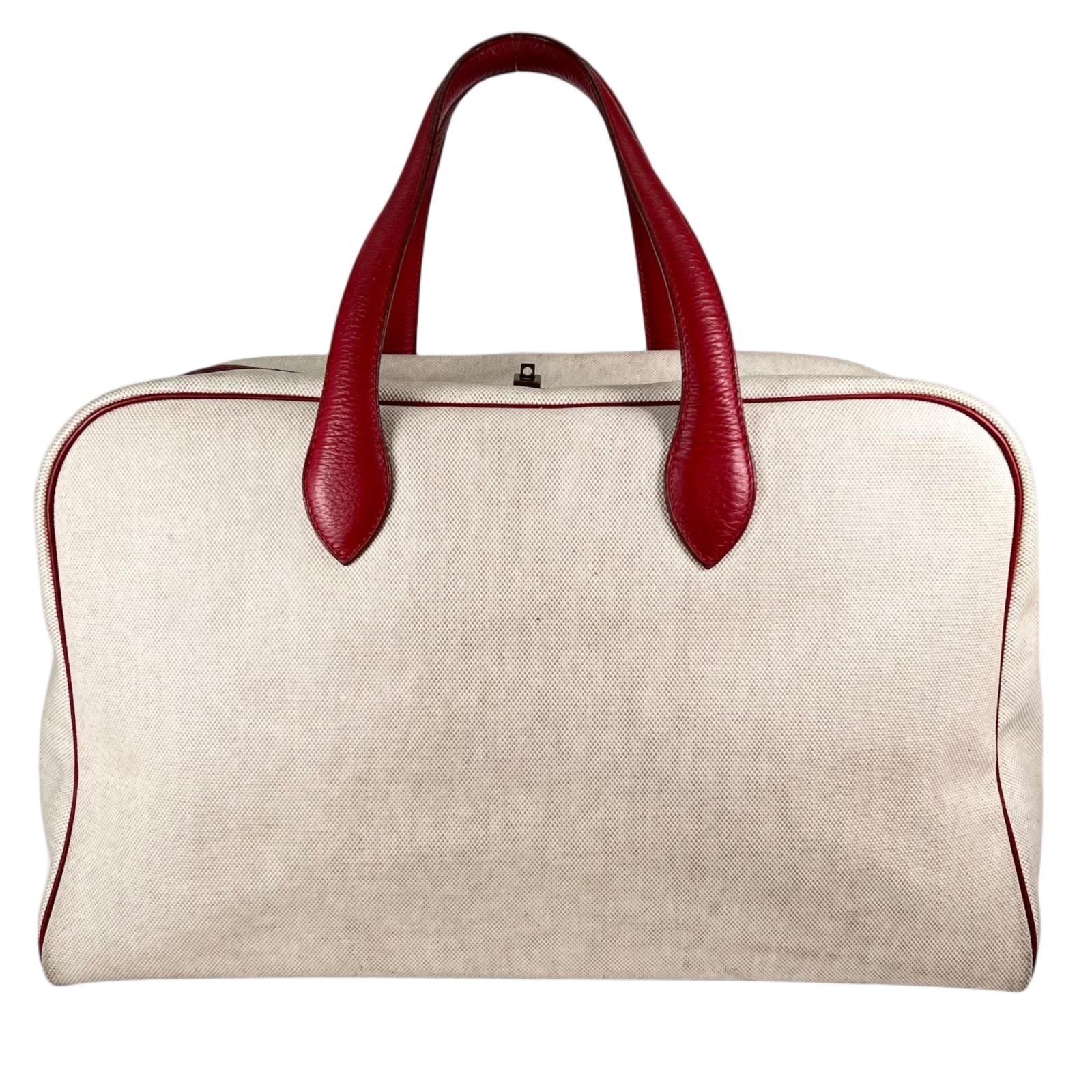 Hermes Victoria 43 Leather Toile Ash Beige Red Boston Bag Gold — view 2
