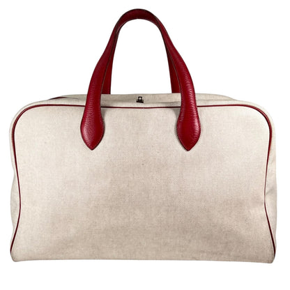 Hermes Victoria 43 Leather Toile Ash Beige Red Boston Bag Gold — view 2