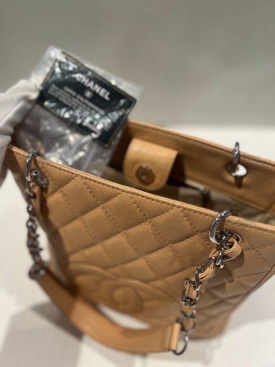Chanel Caviar Skin PST Beige Coco Mark Chain Tote Bag 12s