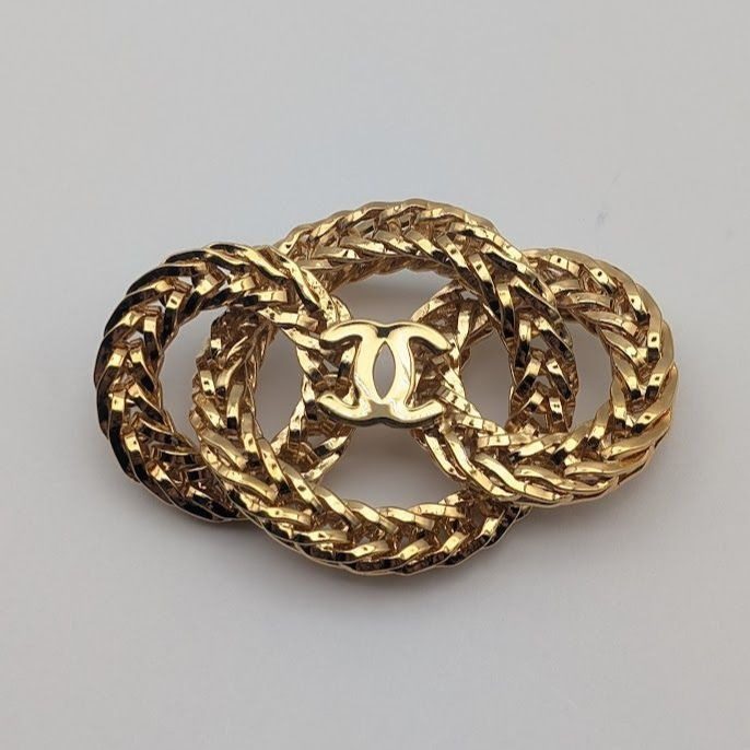 Chanel Brooch CC Logo Gold Ring 3 Rows Vintage