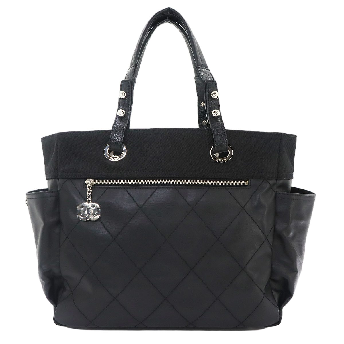 Chanel Paris Biarritz GM Tote Nylon Leather Black