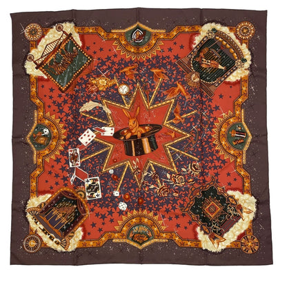 Hermes Silk Carre 90 la Magie Magic Rabbit Pigeon Clown Brown