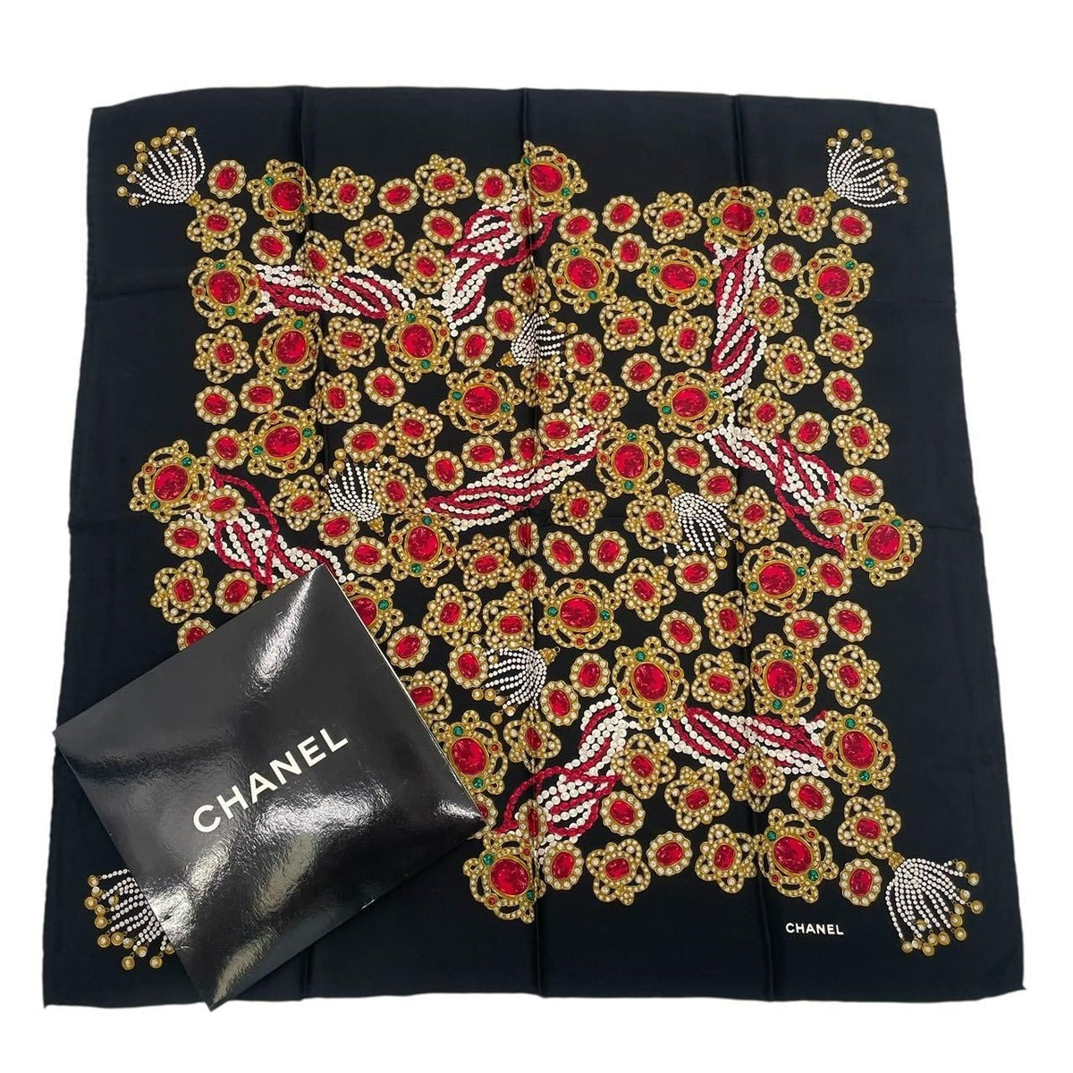 Chanel Scarf Silk Jewel Pattern Black Gold