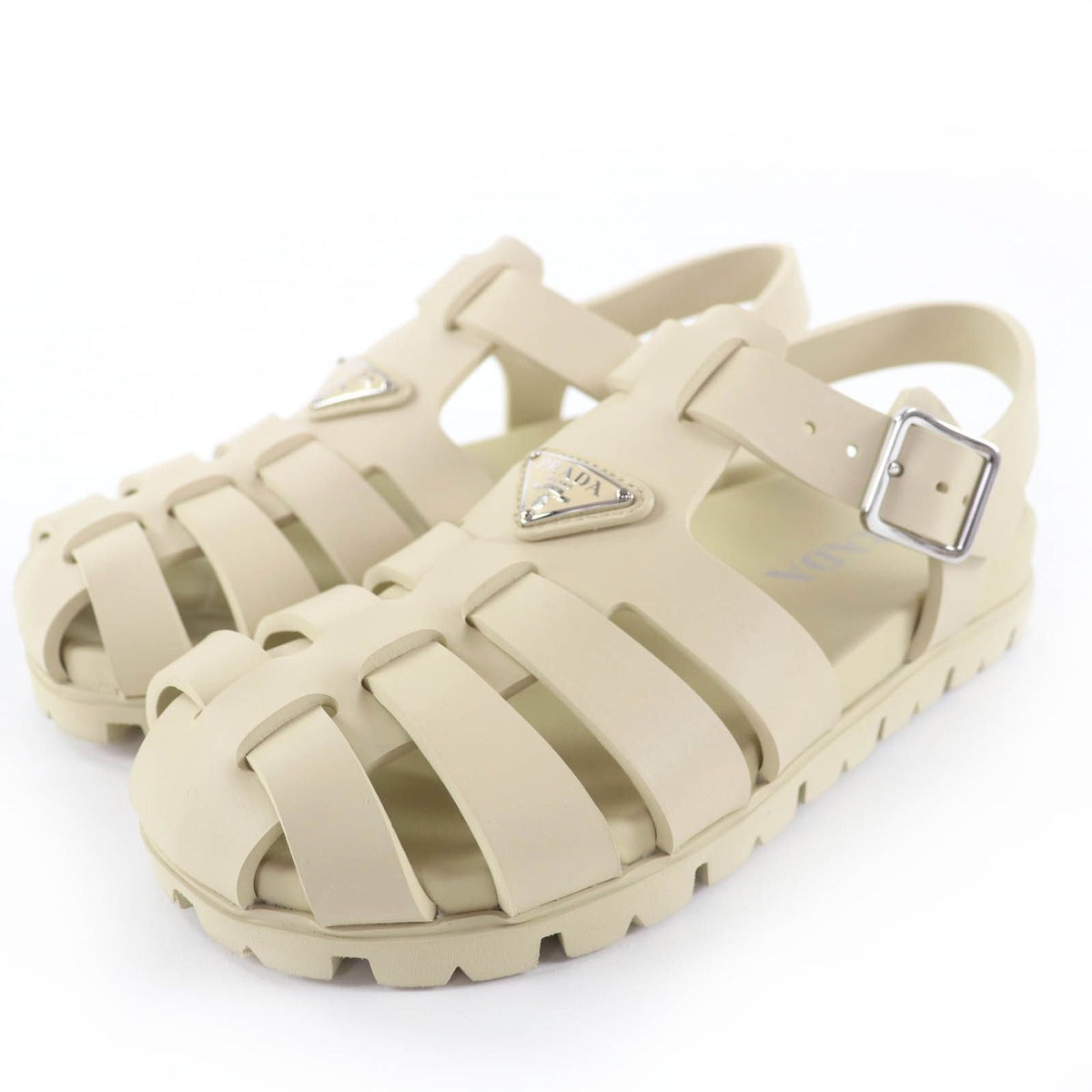 Prada Triangle Logo Rubber Sporty Fisherman Sandals Gurkha Ivory