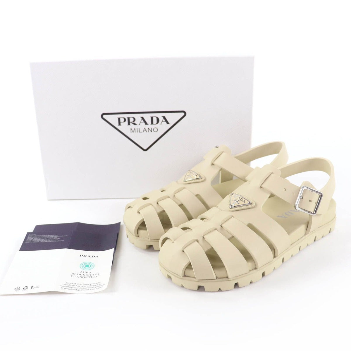 Prada Triangle Logo Rubber Sporty Fisherman Sandals Gurkha Ivory — view 2