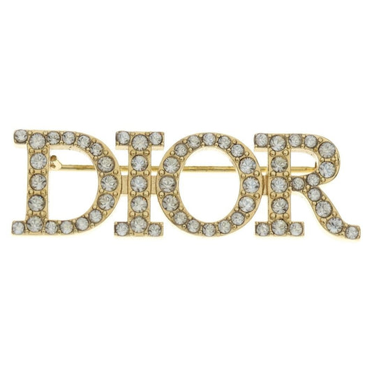 Dior Logo Rhinestone Pin Badge Brooch Gold