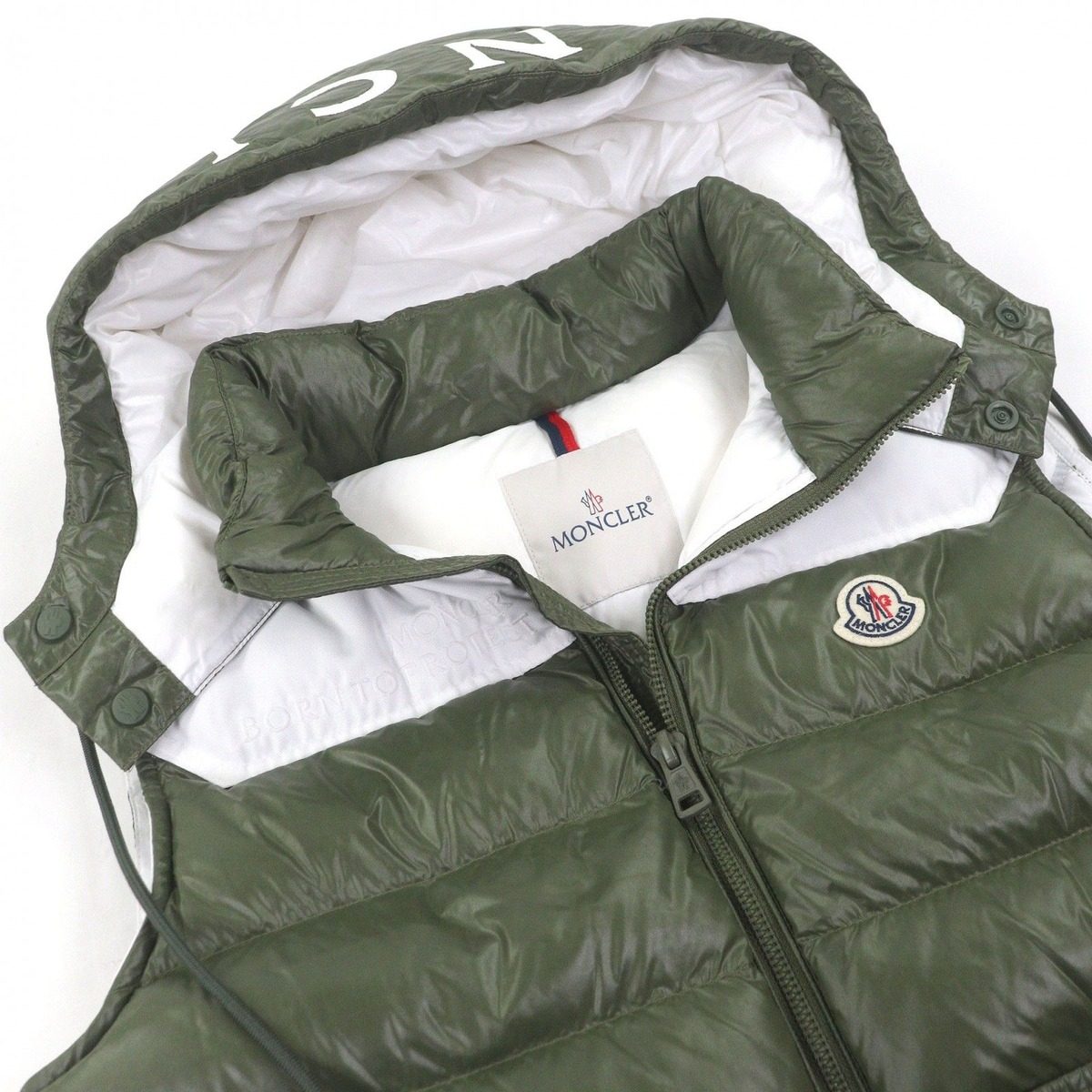 Moncler Genichi Gilet Born to Protect Logo Patch Hooded Down Jacket Vest Khaki 2 — view 2