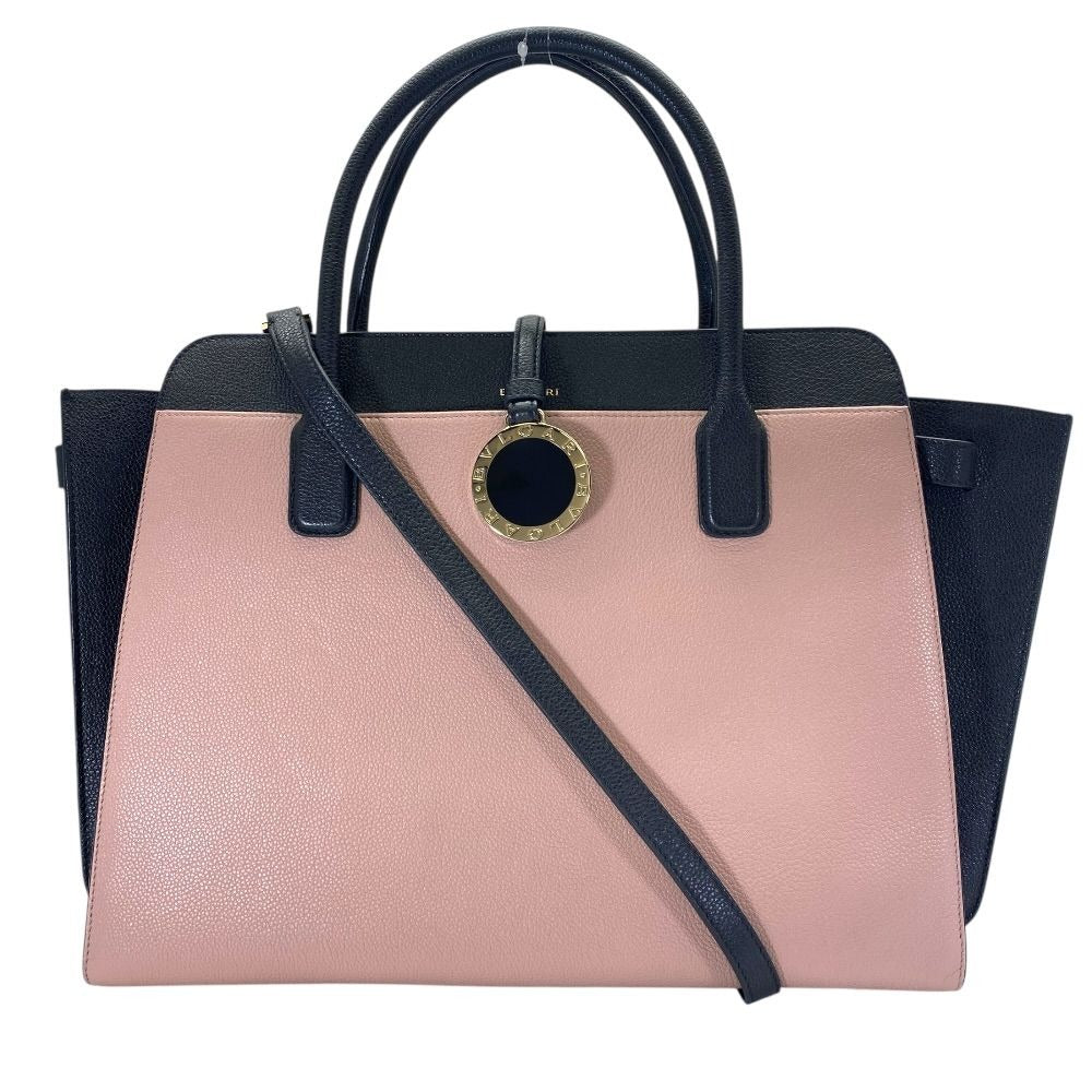 Bvlgari Alba Tote Shoulder Bag 2-Way Logo Leather Beige Black