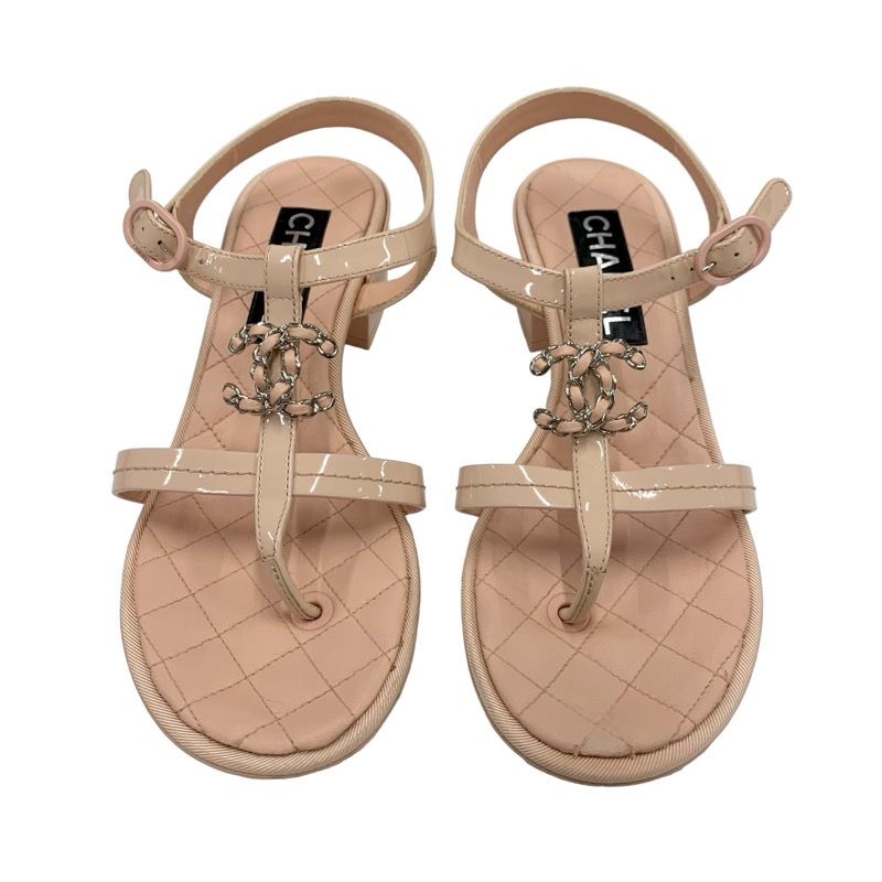 Chanel Sandals Shoes Patent Leather Pink Coco Mark Matelasse Thong Sandals