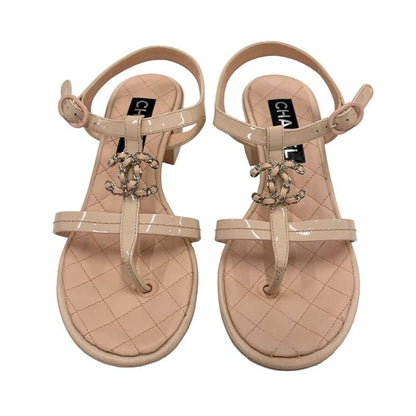 Chanel Sandals Shoes Patent Leather Pink Coco Mark Matelasse Thong Sandals